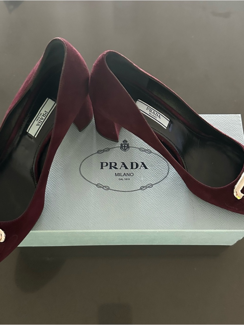 Prada Burgundy Suede Block Heel Pumps with Gold Buckle - Picture 2 of 3